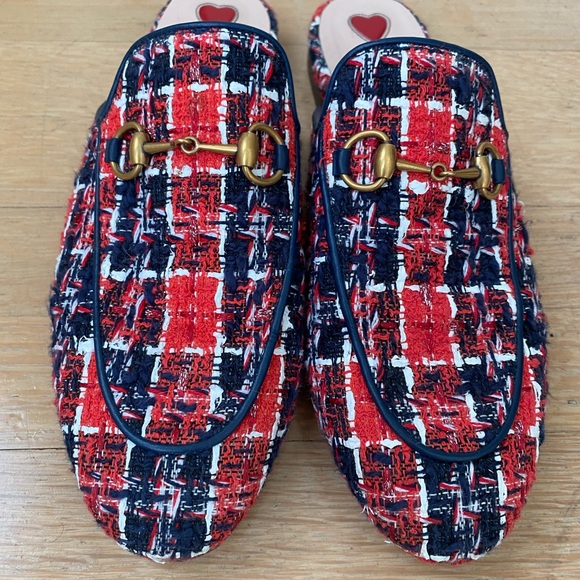 Gucci slides. Tweed pattern, red and blue. Size 8. - Picture 1 of 4